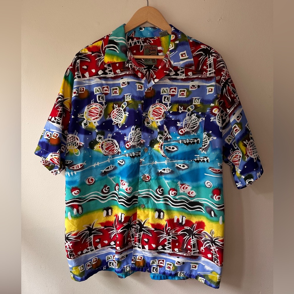 Vintage Pineapple Connection Hawaiian Shirt - Sea Turtle & Palm Tree Print -